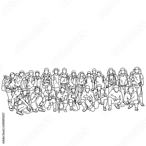 twenty four people in group before trekking into the woods vector illustration sketch doodle hand drawn with black lines isolated on white background