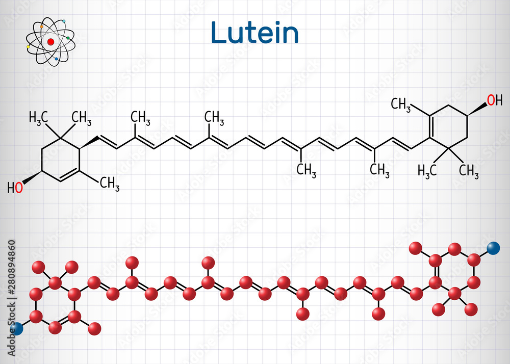 Lutein, xanthophyll molecule. It is type of carotenoid. Structural chemical formula and molecule model. Sheet of paper in a cage