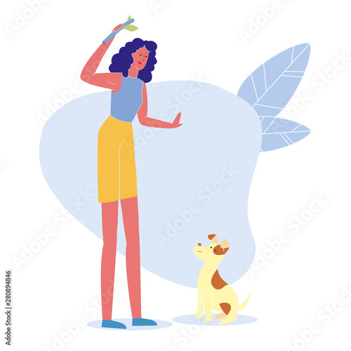 Woman Playing with Puppy Flat Vector Character