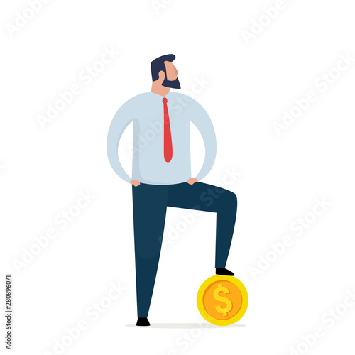 Businessman is standing with a gold coin isolated on white background. Successful business strategy concept. Vector illustration.
