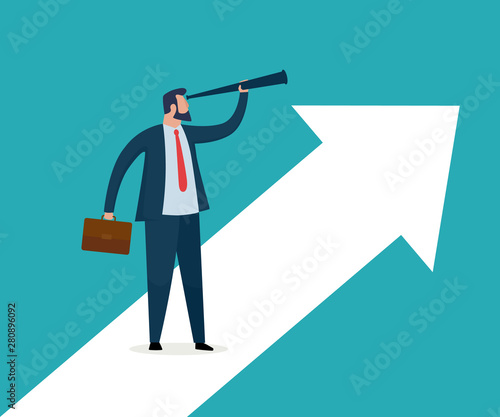 Businessman standing on big arrow using telescope searching for opportunities. Business vision concept. Vector illustration.