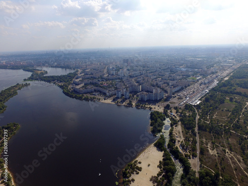 Aerial drone view of Kiev cityscape, Dnepr river. © Sergey Kamshylin