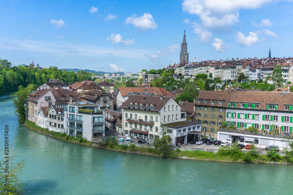 Looking down on the bend of the river spree as it winds around the swiss capital city of bern