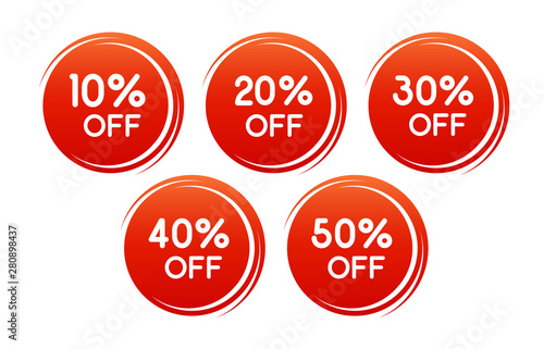 Vector round discount label for sales with different percents. Set of Red Sale stickers. Well separated from the background. Background can be changed.