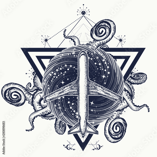 Bermuda triangle tattoo. Airplane and cthulhu kraken octopus. Mystical place. Paranormal zone of the North Atlantic ocean