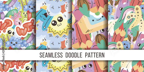 Collection of funny doodle monsters seamless pattern for prints, designs and coloring books