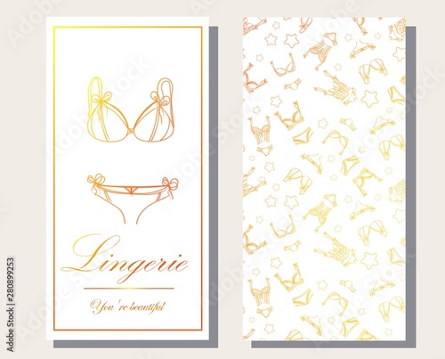 Logo and seamless pattern for Fashionable women's lingerie collection, vector illustration sketch. BRAND STYLE of women's lace underwear, panties, bras, corsets, bodies, garters, stockings, pajamas,.
