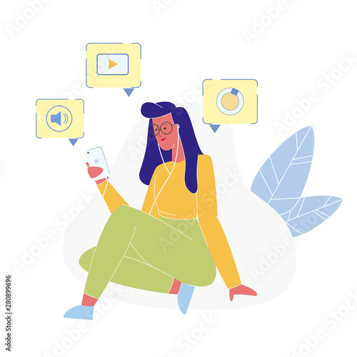 Woman Using New Mobile Phone Flat Illustration