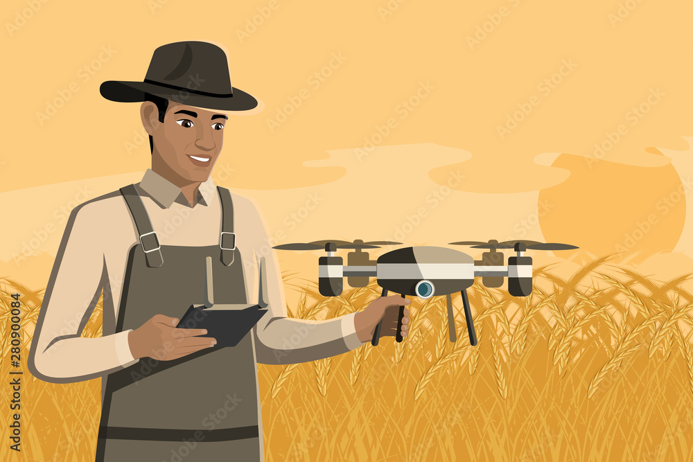 Black african american farmer with remote controller control drone on a wheat field. Digital transformation in agriculture and smart farming. Vector illustration EPS10