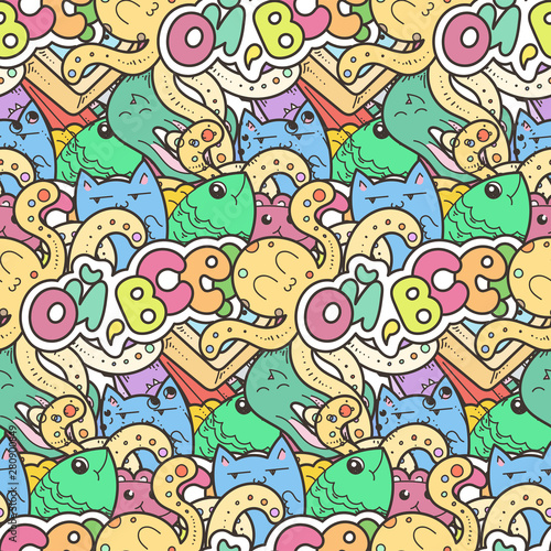 Seamless vector pattern with cute cartoon monsters and beasts
