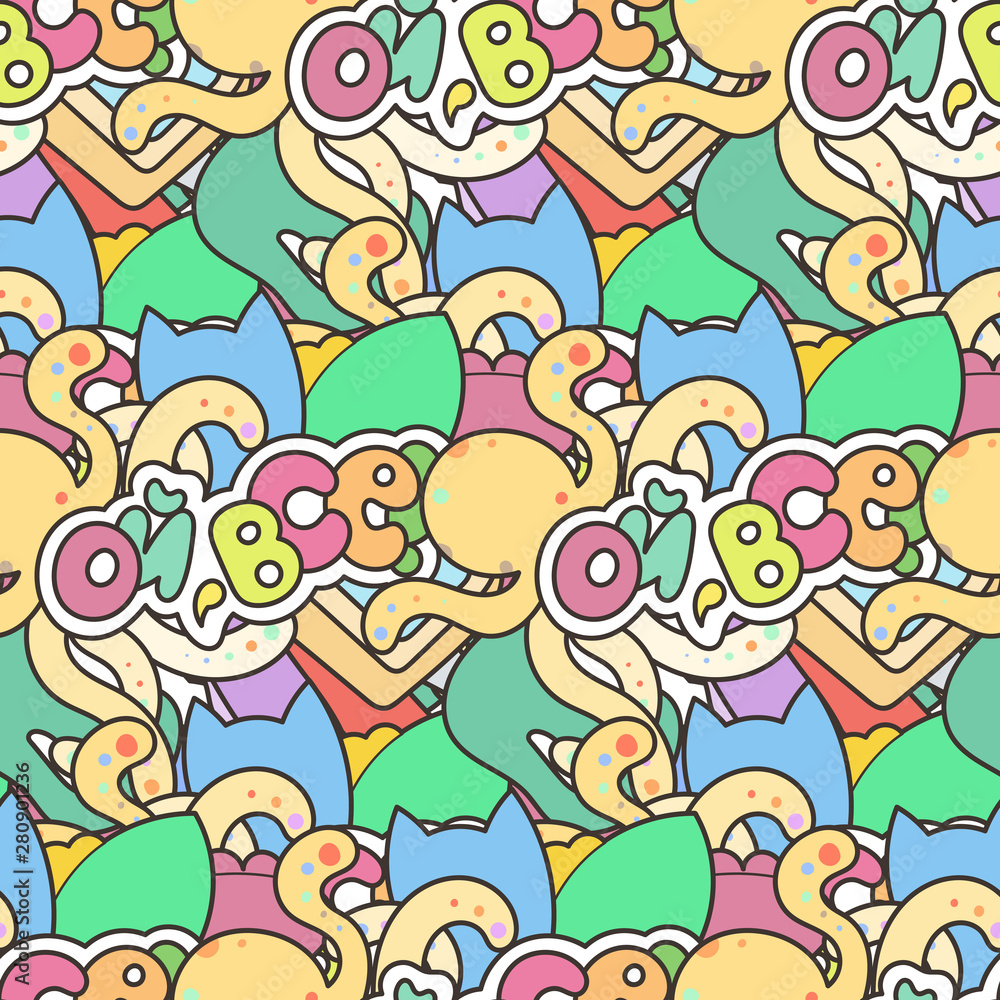 Fototapeta premium Seamless vector pattern with cute cartoon monsters and beasts. Nice for packaging, wrapping paper, coloring pages, wallpaper, fabric, fashion, home decor, prints etc