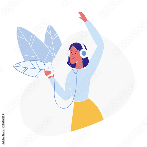 Woman Wearing Headphones Flat Vector Character