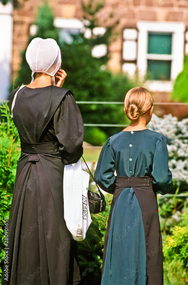 Back view, medium distance,  of a young Mennonite mother and daughter dressed in solid colored dresses, bidding on a plant auction in the fall, in Pennsylvania country side