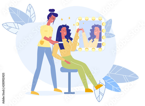 Girl Straightening Hair Flat Vector Illustration
