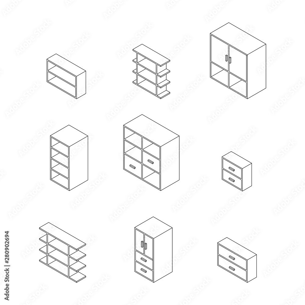 Set of Furniture, and Cupboard with glass. Outline Isometric