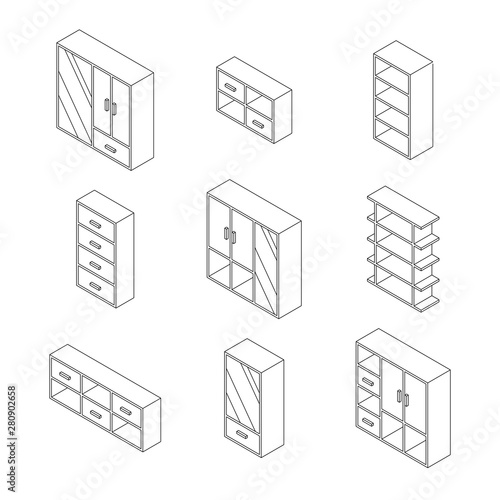 Set of Furniture, Cabinets and Cupboard with glass. Outline Isometric Drawing Vector.