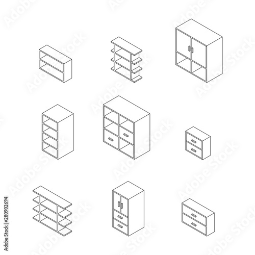 Set of Furniture, Cabinets and Cupboard with glass. Outline Isometric Drawing Vector.