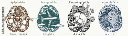 Psychology collection. Apiphobia, Acrophobia. Thanatophobia, Aquaphobia. Fear of death, bees, water, heights. Psychological vector illustration. Psychotherapy and psychiatry art