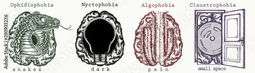 Psychology collection. Fear of snakes (ophidiophobia), dark (nyctophobia), pain (algophobia), small space (claustrophobia). Psychological vector illustration. Psychiatry art photo