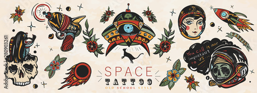 Space. Old school tattoo vector collection. Dead spaceman, girl astronaut, gun blaster, UFO abducts cat, space monster, rocket, meteor. Retro Sci-Fi art. Traditional tattooing style