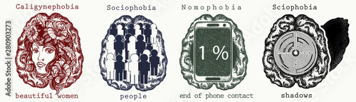 Psychology collection. Caligynephobia, sociophobia, nomophobia, sciophobia. Fear of beautiful women, people, end phone contact, shadows. Psychological vector illustration. Psychiatry art