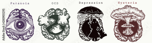 Psychology collection. Paranoia, OCD (Obsessive Compulsive Disorder), depression, Hysteria. Psychological vector illustration. Psychotherapy and psychiatry art photo