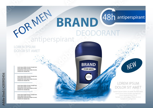 Long-lasting deodorant antiperspirant for men with water splash. 3d realistic vector. Template package design or poster, advertising.