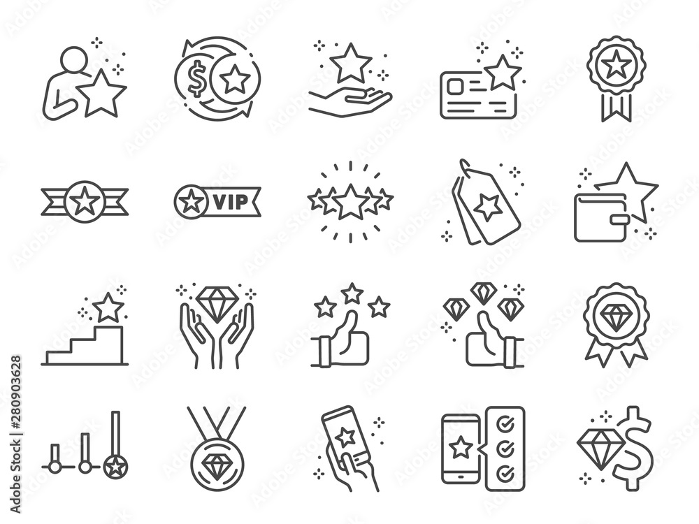 Naklejka premium Royalty program line icon set. Included icons as member, VIP, exclusive, diamond, badge, high level and more.