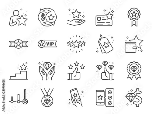 Royalty program line icon set. Included icons as member, VIP, exclusive, diamond, badge, high level and more.