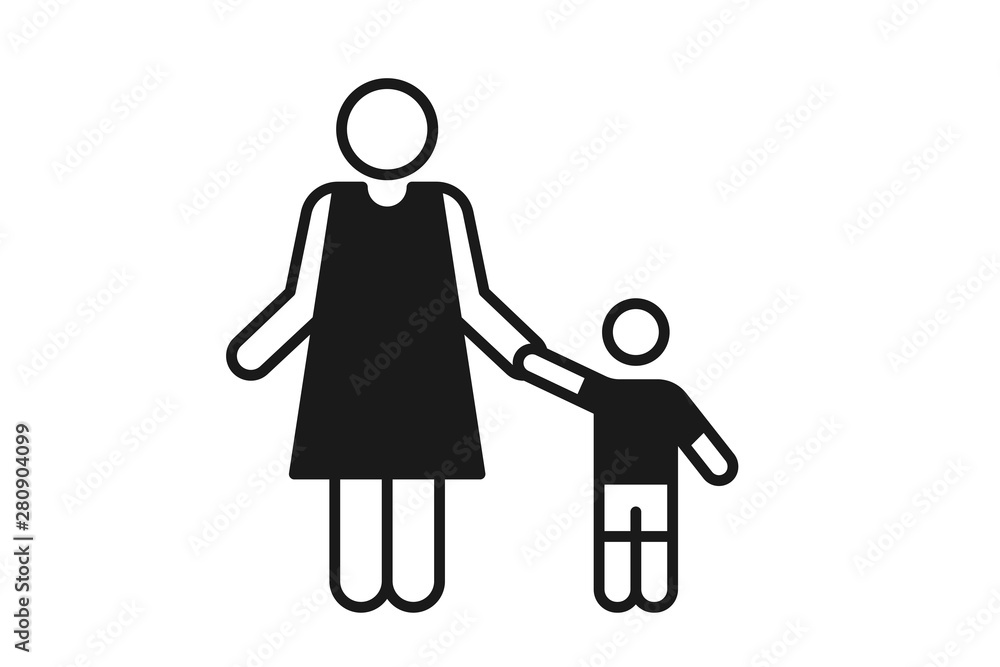 Fototapeta premium Mom with kids or child black icon vector, mother playing with kids icon 