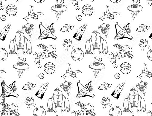 Vintage doodle background on workbook page. Seamless pattern of vector hand drawn spaceships. Retro space wallpaper.
