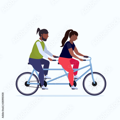 fat obese couple riding tandem bike african american overweight man woman cycling twin bicycle together workout weight loss concept flat full length white background