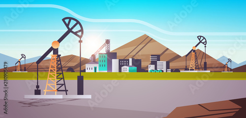 oil pump rig energy industrial zone oil drilling fossil fuels production concept flat mountains sunset background horizontal