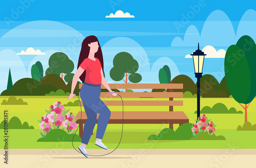 fat obese woman doing exercises with jumping rope overweight girl training workout weight loss concept urban park landscape background flat full length horizontal vector illustration