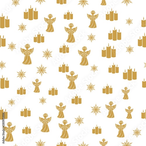 Merry Christmas Gold elements on white background. Seamless graphic pattern made with elements of zentangl and doodle. Wrapping paper illustration