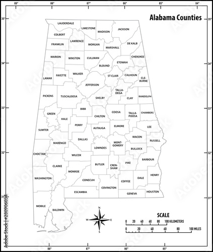 Alabama state outline administrative and political vector map in black and white
