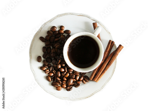 Coffee cup and coffee beans on wooden background. Top view isolated on white background.