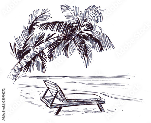 Sketch of a tropical beach with palm trees and the sea. Hand drawn illistration converted to vector