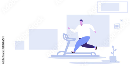 fat obese man running on treadmill oversize fatty guy weight loss cardio training concept overweight male cartoon character full length horizontal sketch
