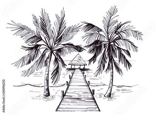 Sketch of a tropical beach with palm trees and the sea. Hand drawn illistration converted to vector