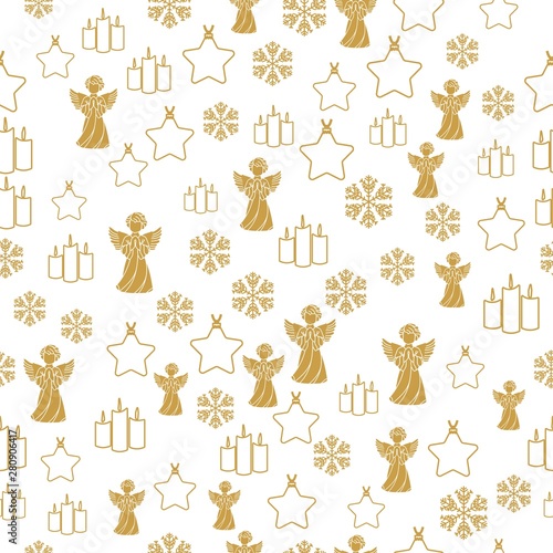 Fototapeta Naklejka Na Ścianę i Meble -  Merry Christmas Gold elements on white background. Seamless graphic pattern made with elements of zentangl and doodle. Wrapping paper illustration