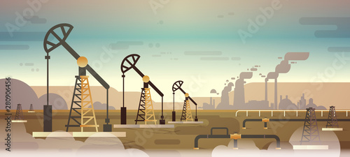 oil pump rig energy industrial zone oil drilling fossil fuels production nature pollution dirty waste polluted environment concept mountains sunset background flat horizontal