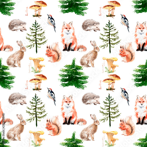 watercolor forest seamless pattern with animals and plants © Toshka