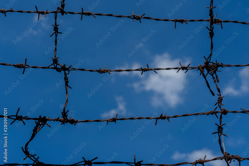Barbed wire. Barbed wire on fence with blue sky to feel worrying. Barbed wire. Barbed wire on fence with blue sky to feel worrying.