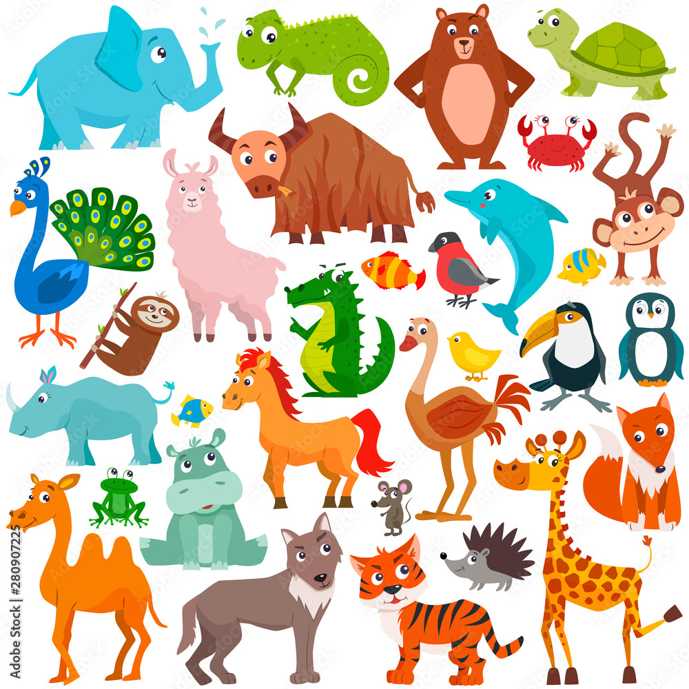 Naklejka premium Big set of cute cartoon animals. Vector illustration.