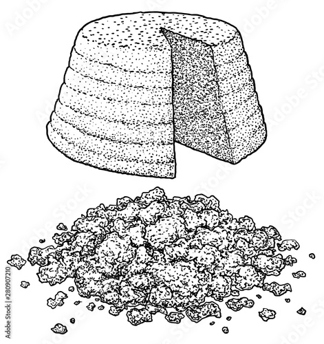 Ricotta cheese illustration, drawing, engraving, ink, line art, vector