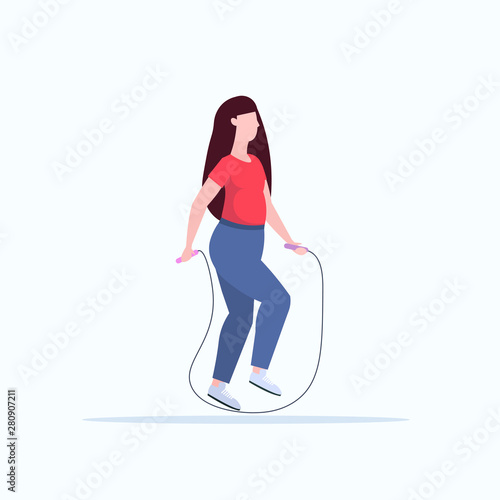 fat obese woman doing exercises with jumping rope overweight girl training workout weight loss concept flat full length white background vector illustration
