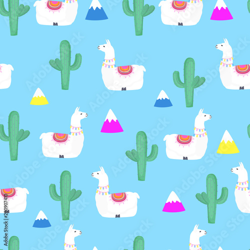Llama and cactus. Mountains. Funny alpaca cartoon character. Seamless pattern for nursery, textile, kids apparel.