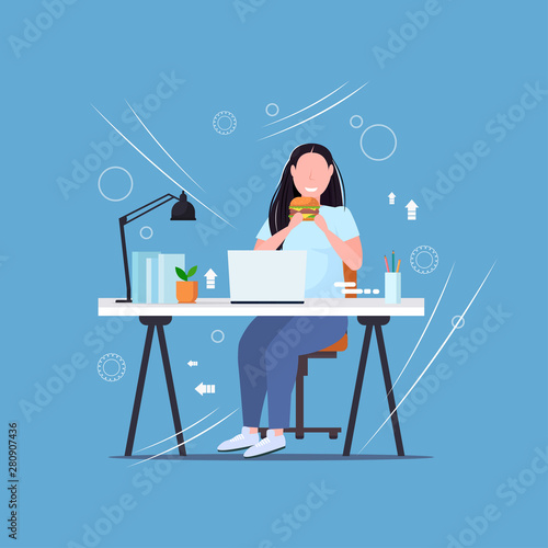 fat obese woman using laptop eating burger fast food unhealthy lifestyle concept overweight girl freelancer sitting at workplace flat full length