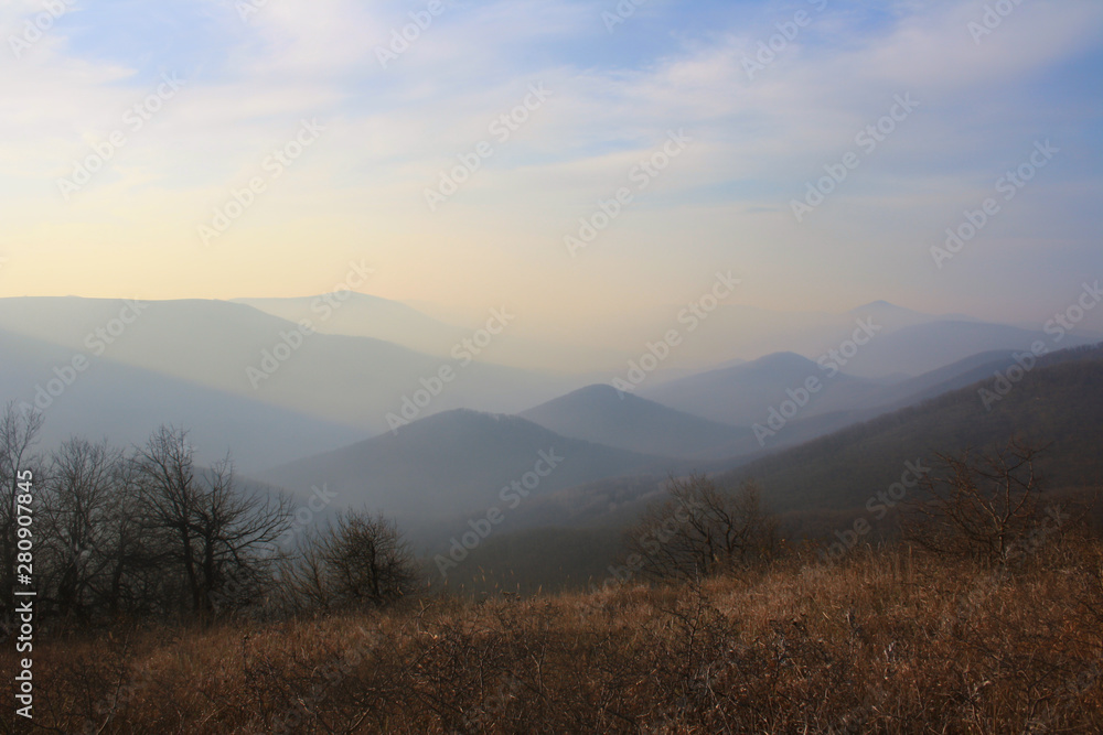 Early evening, sunset in the mountains of the North Caucasus